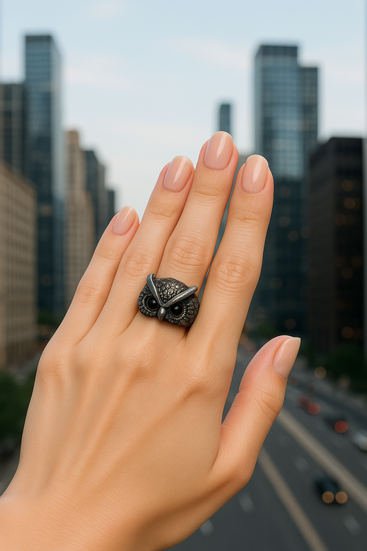 "Owl with Amber Eyes" – Sterling Silver Ring with Gold Plating