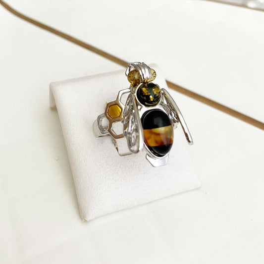 Ring silver 925 samples with amber "Bee"