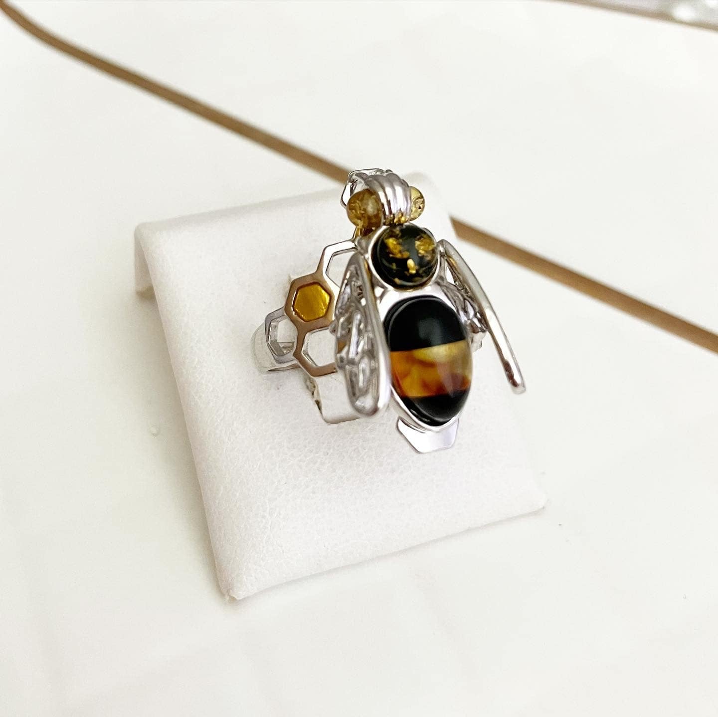 Set; earrings and ring silver 925 samples with amber "Bee"