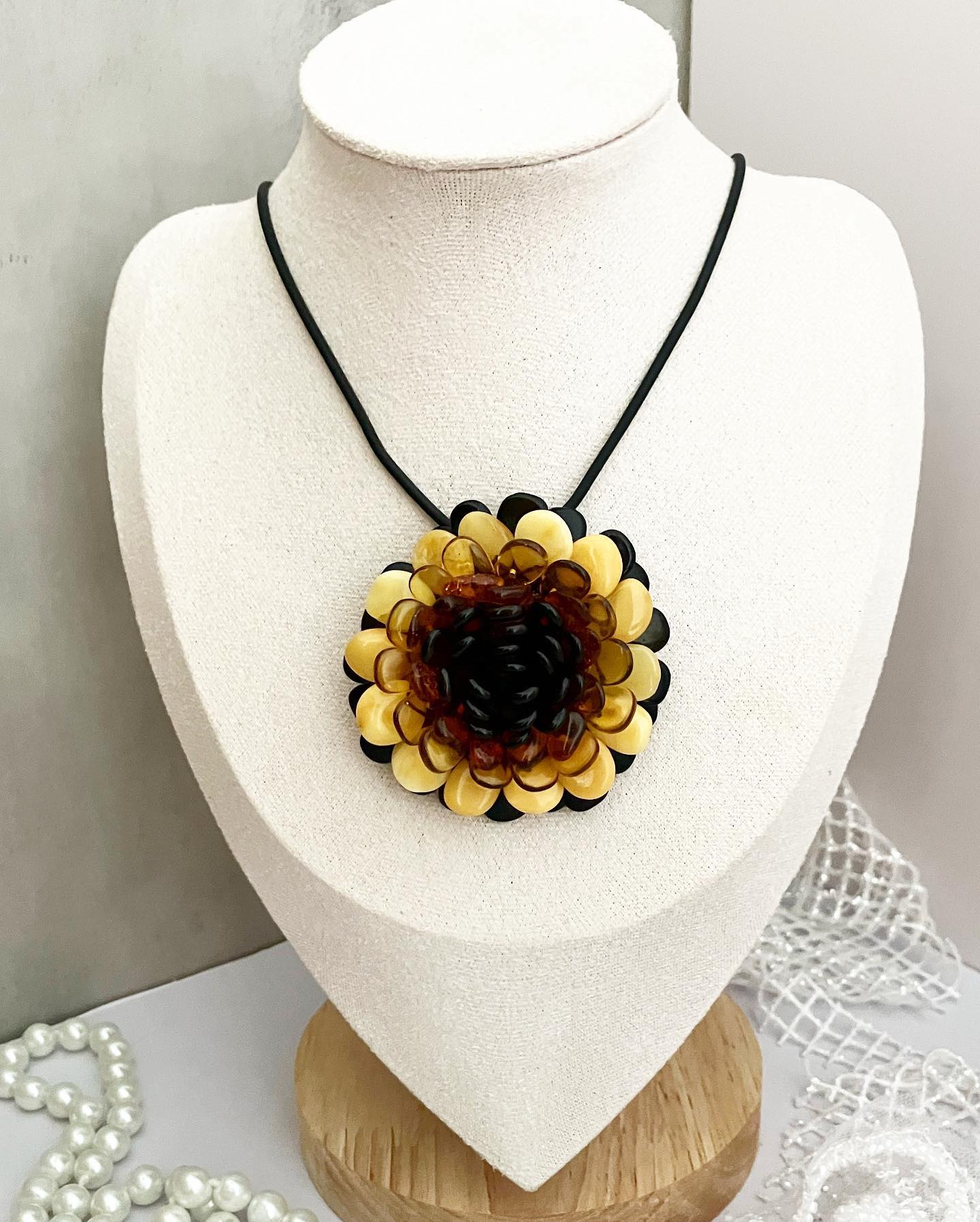 Brooch-pendant handmade with amber "Flower"