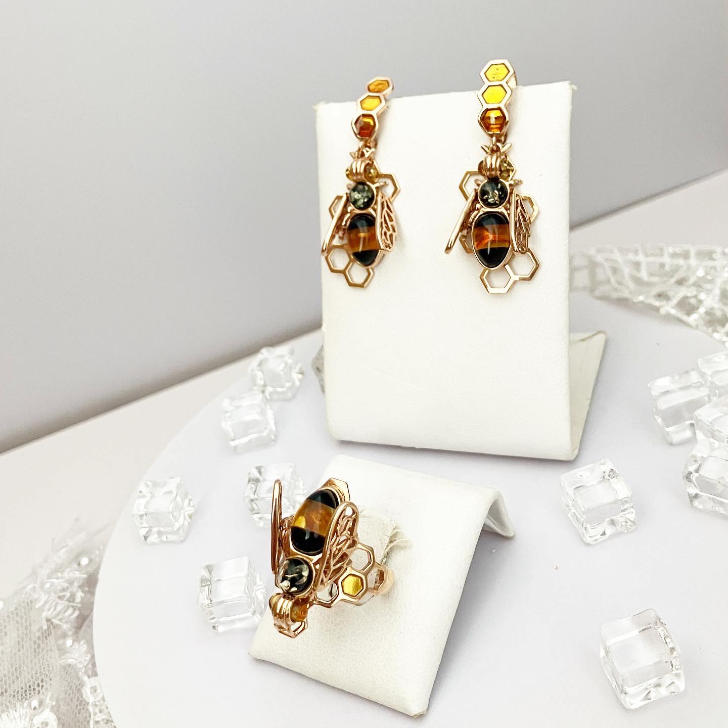 Earrings silver 925 samples with gilding аnd with natural amber "Bee"