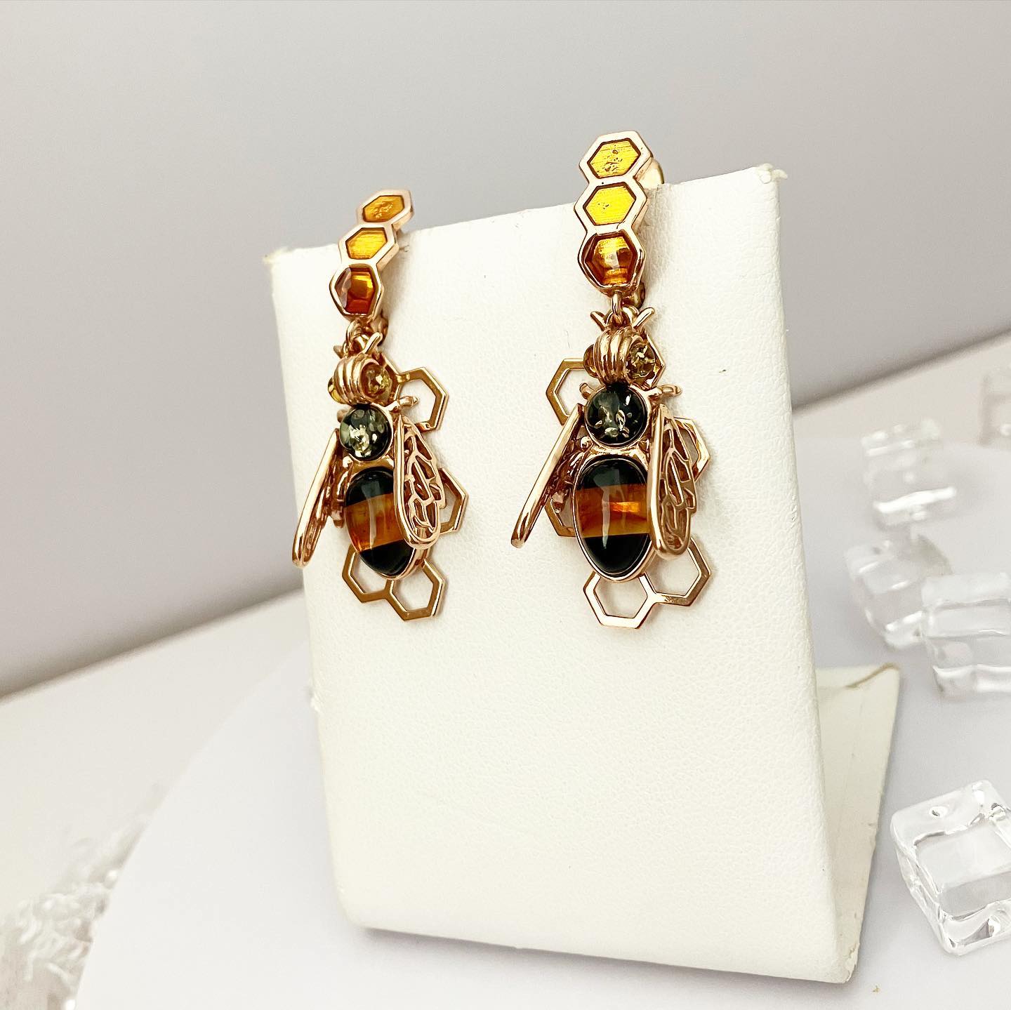 Set; earrings and ring made of silver with gilding and natural amber "Bee"