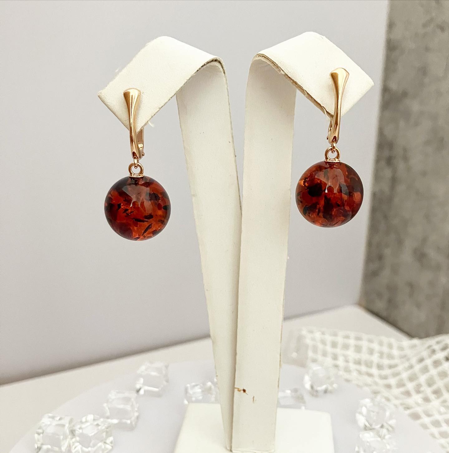 Earrings silver 925 samples with gilding and natural amber "Kira"