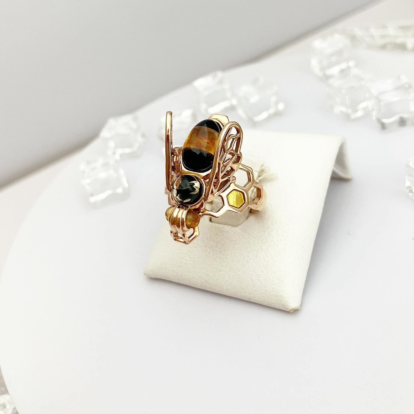 Set; earrings and ring made of silver with gilding and natural amber "Bee"