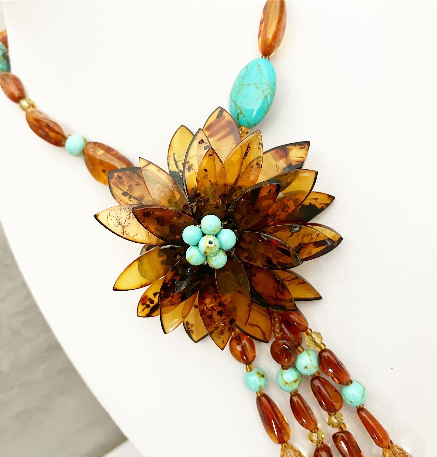 Beads amber with turquoise "Amber Flower"