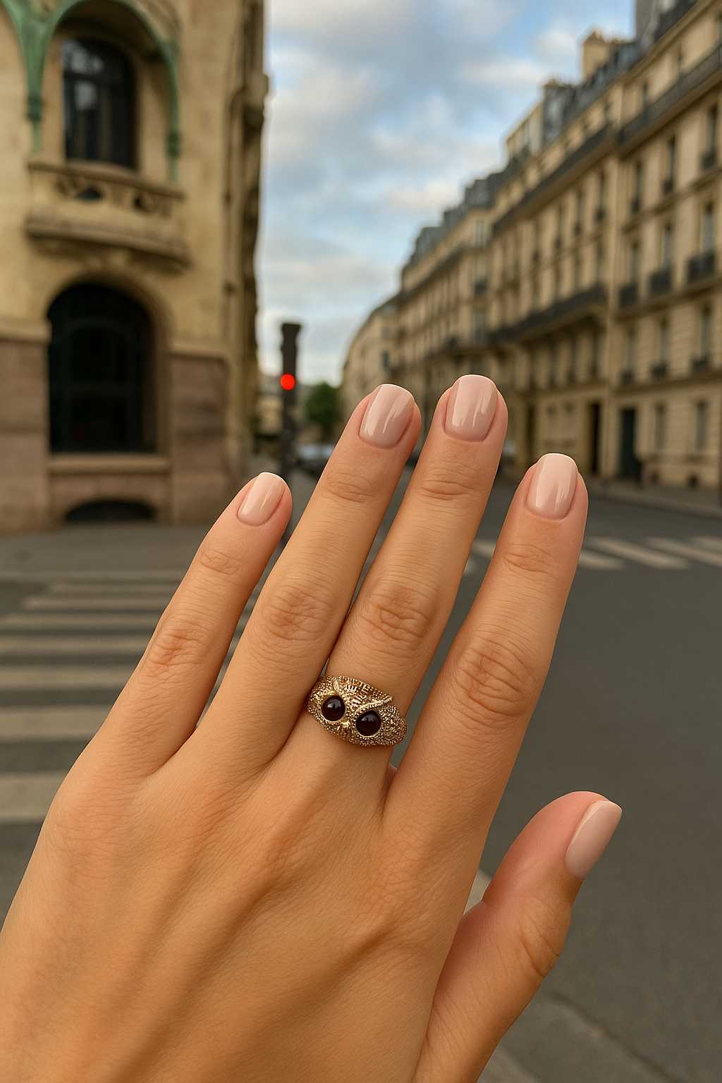 "Owl with Amber Eyes" – Sterling Silver Ring with Gold Plating