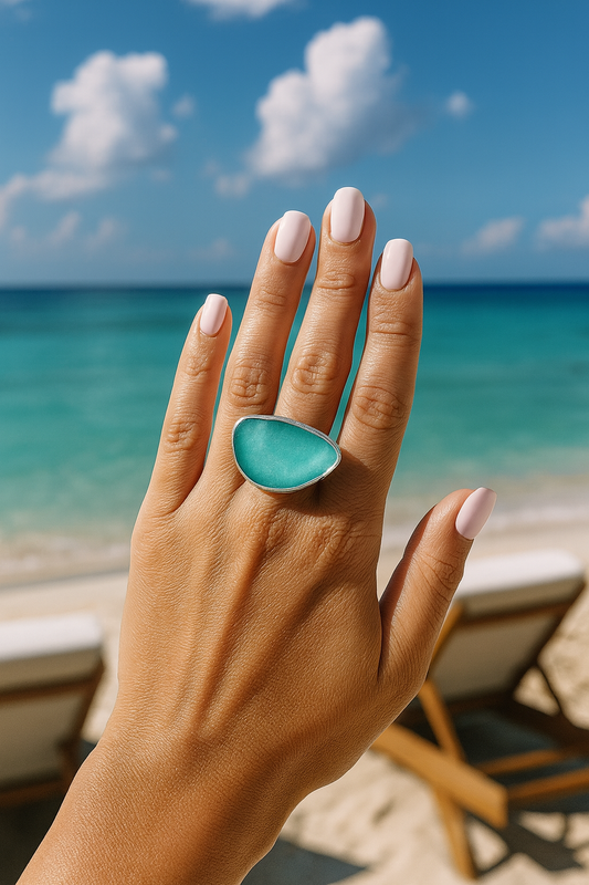 Waves of Time — Sterling Silver Ring with Roman Glass