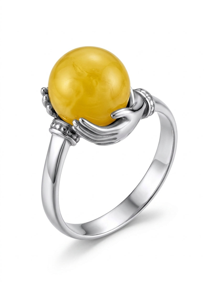 Ball White Amber Silver Ring — DARVIN (Pre-Order)