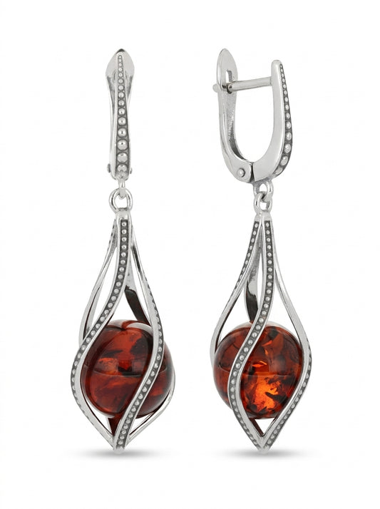 Ball Cognac Amber Silver Earrings — DARVIN (Pre-Order)