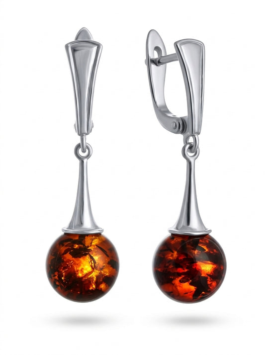 Ball Cognac Amber Silver Earrings — DARVIN (Pre-Order)