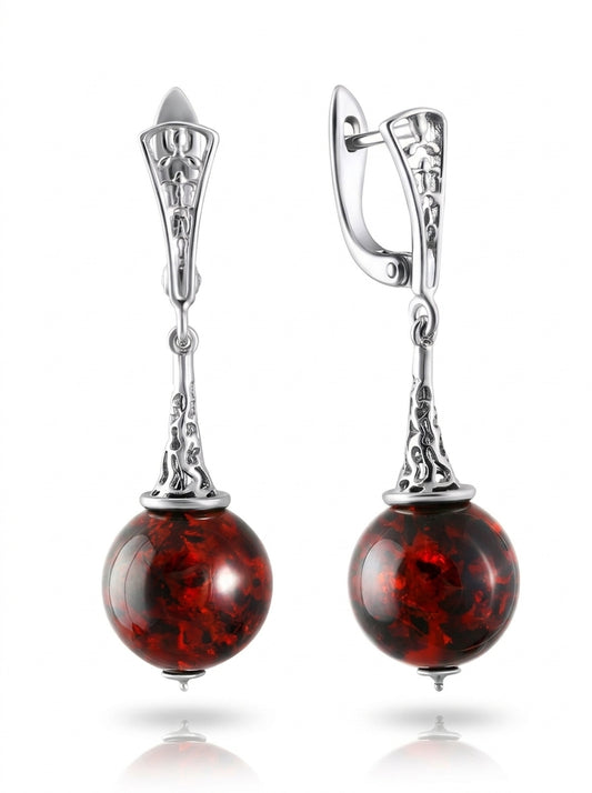 Ball Cognac Amber Silver Earrings — DARVIN (Pre-Order)
