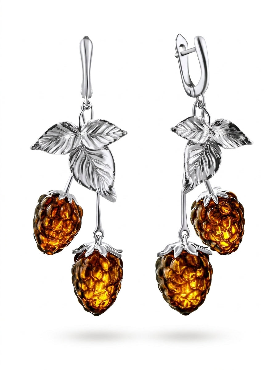 Raspberry Cognac Amber Silver Earrings — DARVIN (Pre-Order)