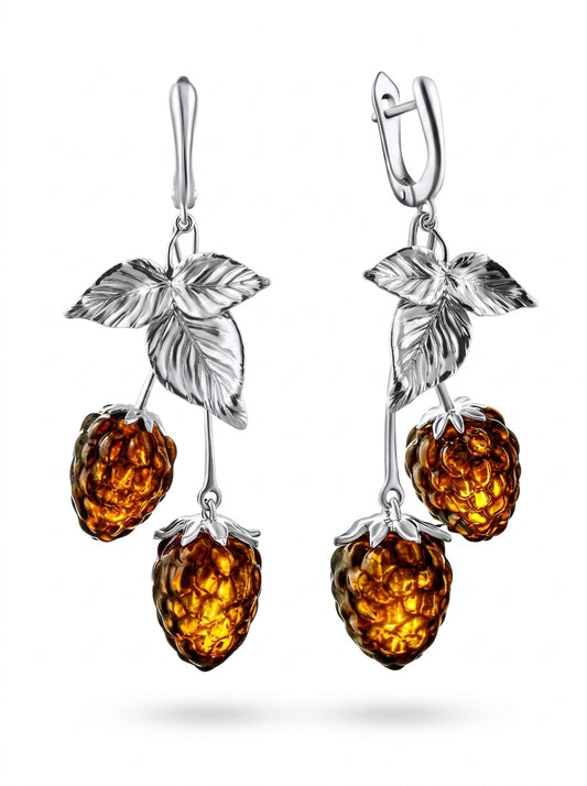 Raspberry Cognac Amber Silver Earrings — DARVIN (Pre-Order)