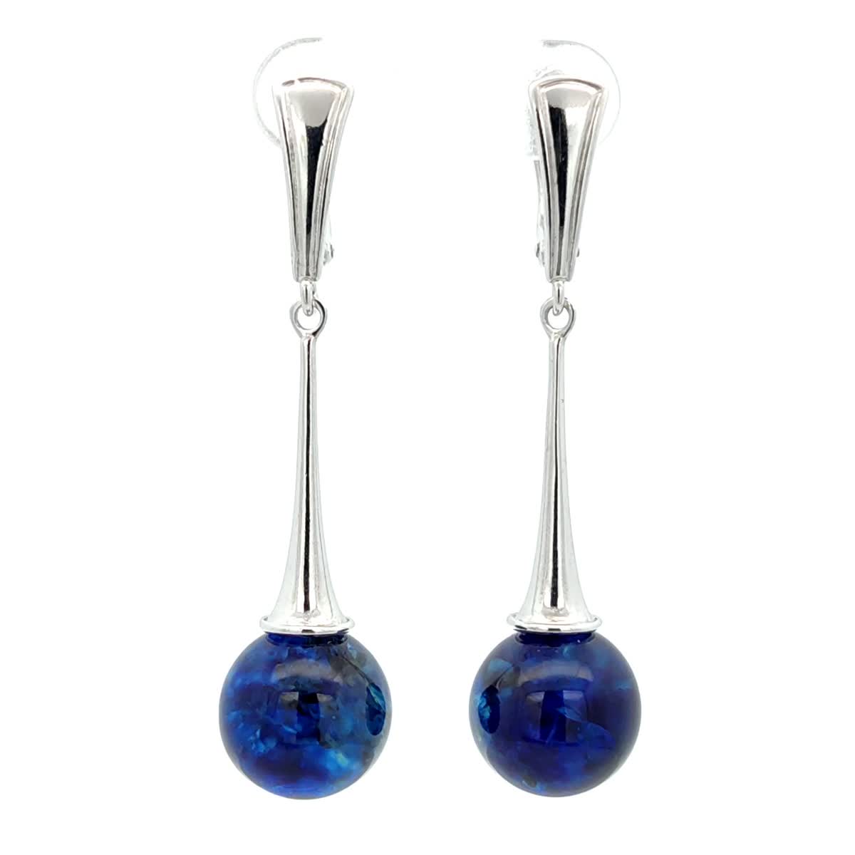 Ball Treated Blue Amber Silver Earrings — DARVIN (Pre-Order)