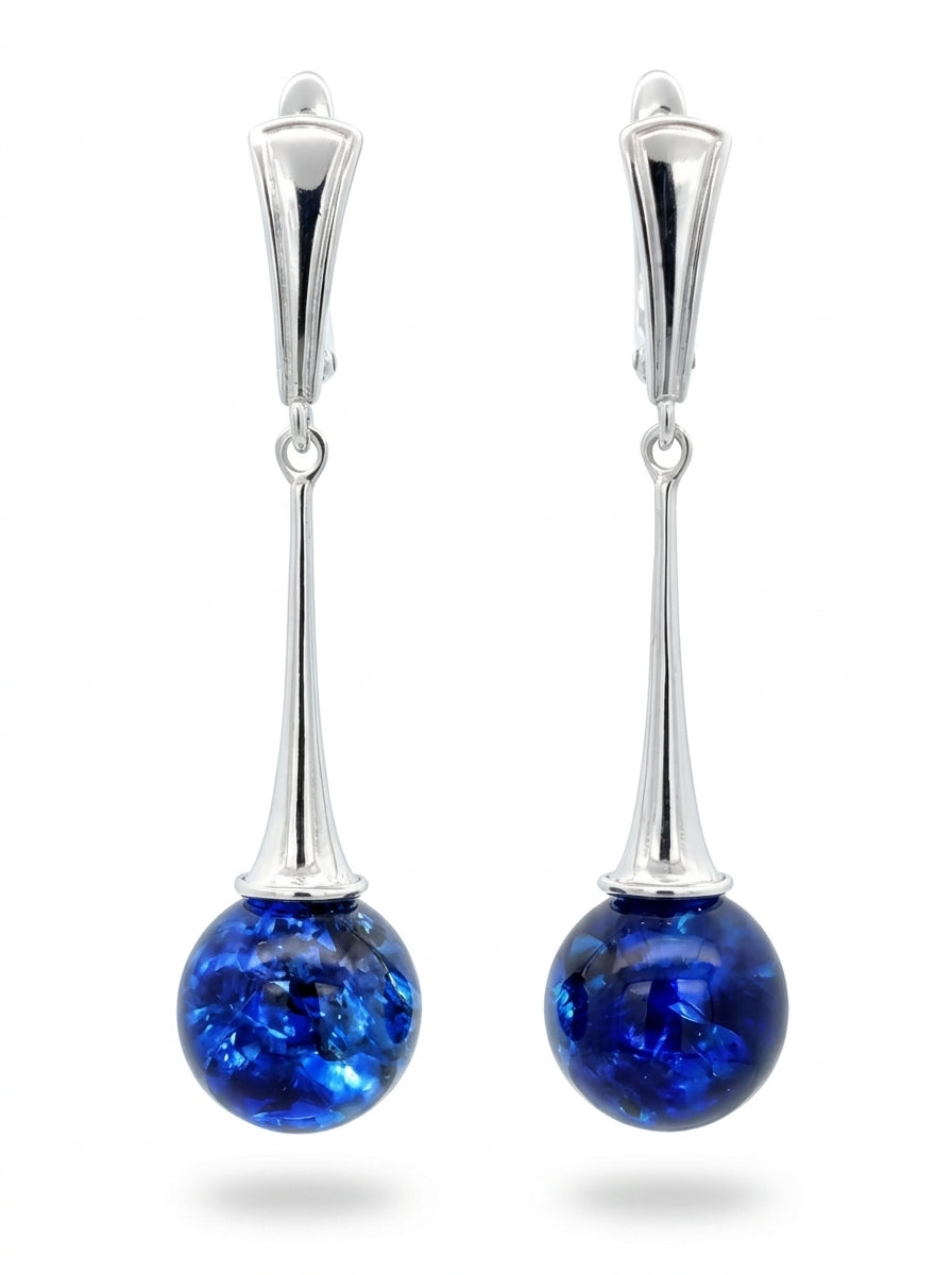 Ball Treated Blue Amber Silver Earrings — DARVIN (Pre-Order)