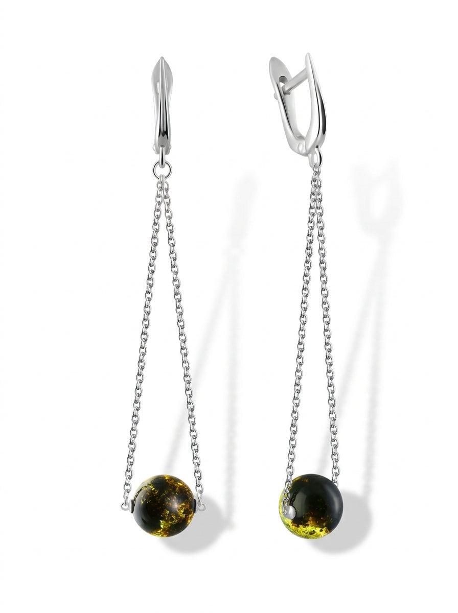 Ball Green-Black Amber Silver Earrings — DARVIN (Pre-Order)