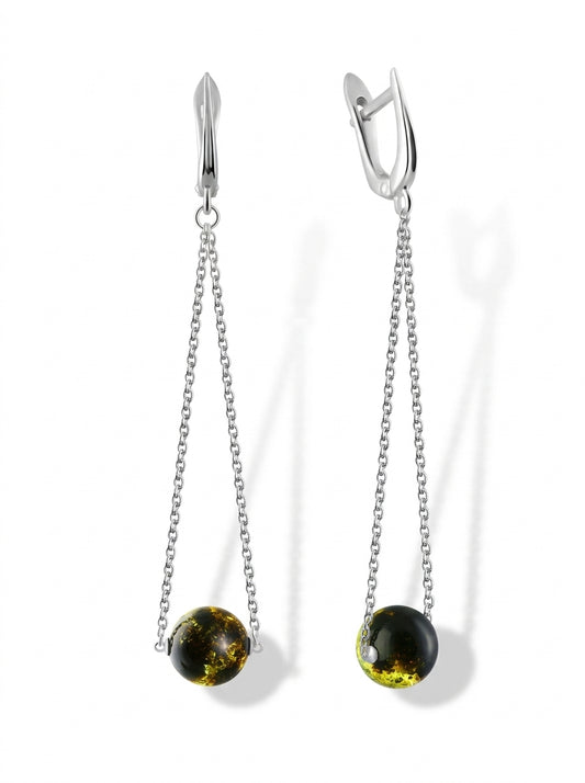 Ball Green-Black Amber Silver Earrings — DARVIN (Pre-Order)