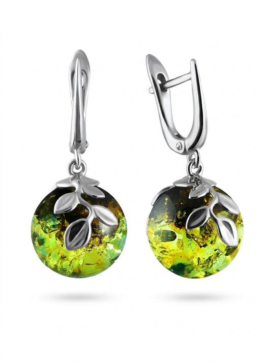 Ball Green-Black Amber Silver Earrings — DARVIN (Pre-Order)