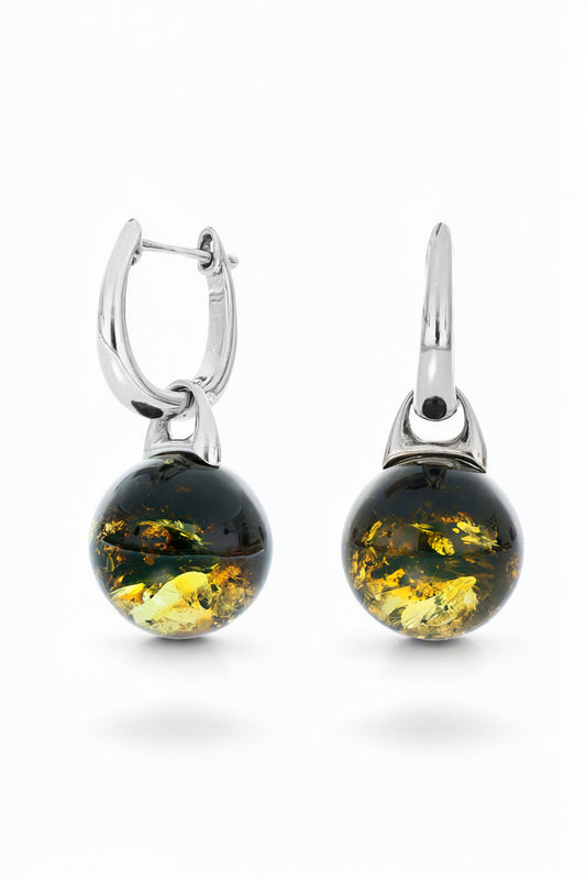 Ball Green-Black Amber Silver Earrings — DARVIN