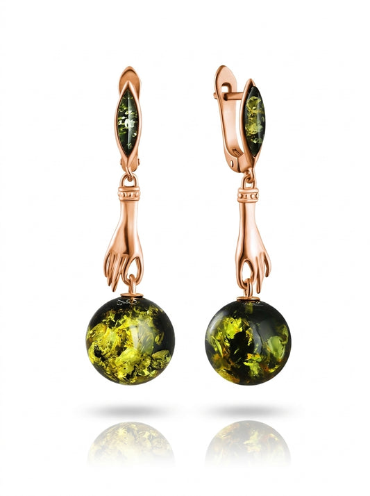 Ball Green-Black Amber Silver Earrings — DARVIN (Pre-Order)