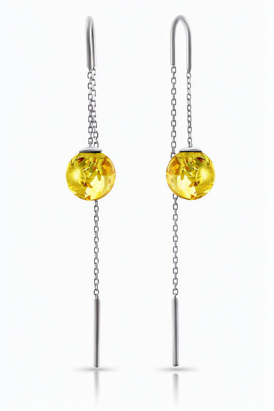 Ball Lemon Amber Silver Threader Earrings — DARVIN