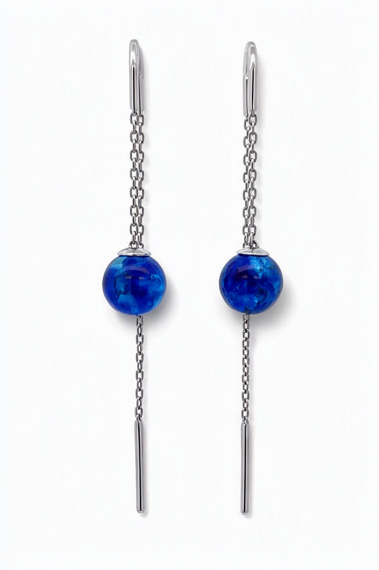 Ball Treated Blue Amber Silver Threader Earrings — DARVIN