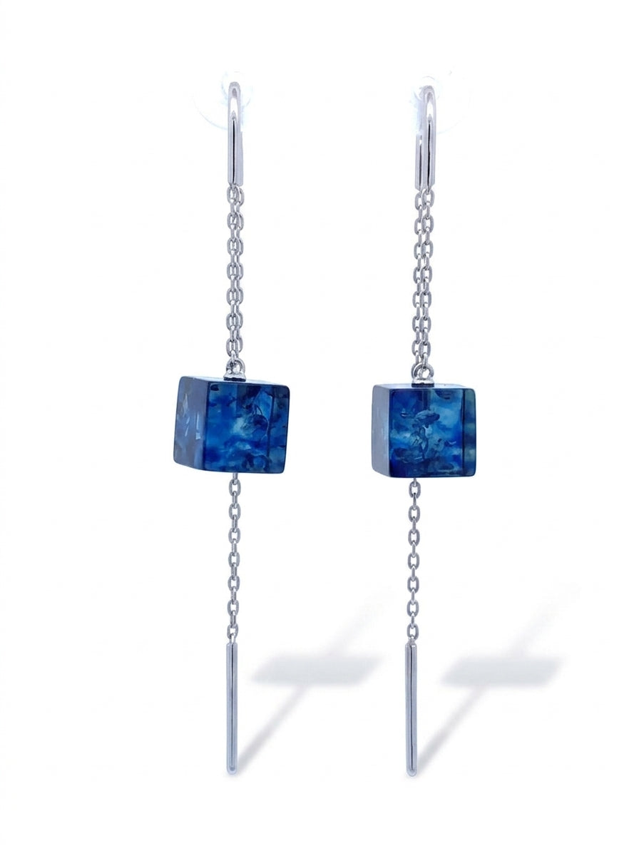 Cube Treated Blue Amber Silver Threader Earrings — DARVIN (Pre-Order)