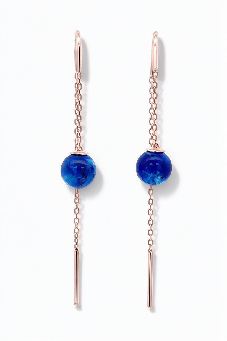 Ball Treated Blue Amber Silver Threader Earrings — DARVIN