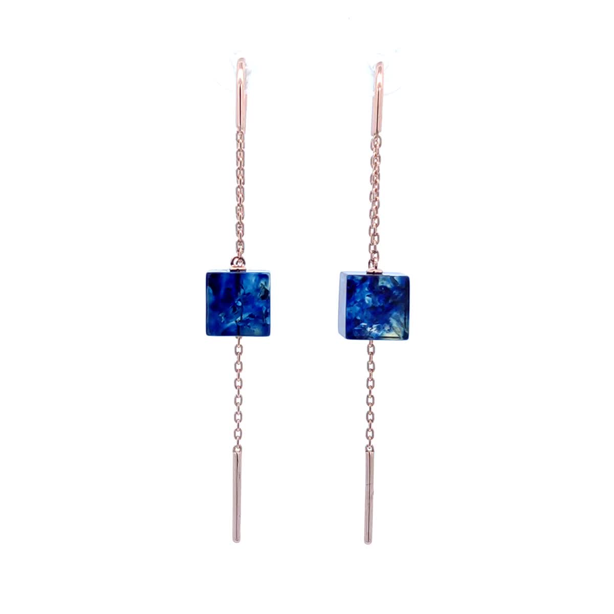 Cube Treated Blue Amber Silver Threader Earrings — DARVIN (Pre-Order)