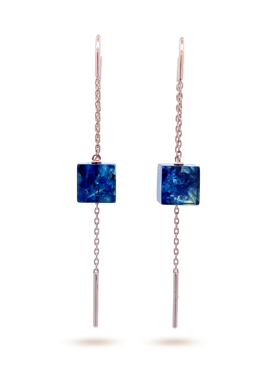 Cube Treated Blue Amber Silver Threader Earrings — DARVIN (Pre-Order)