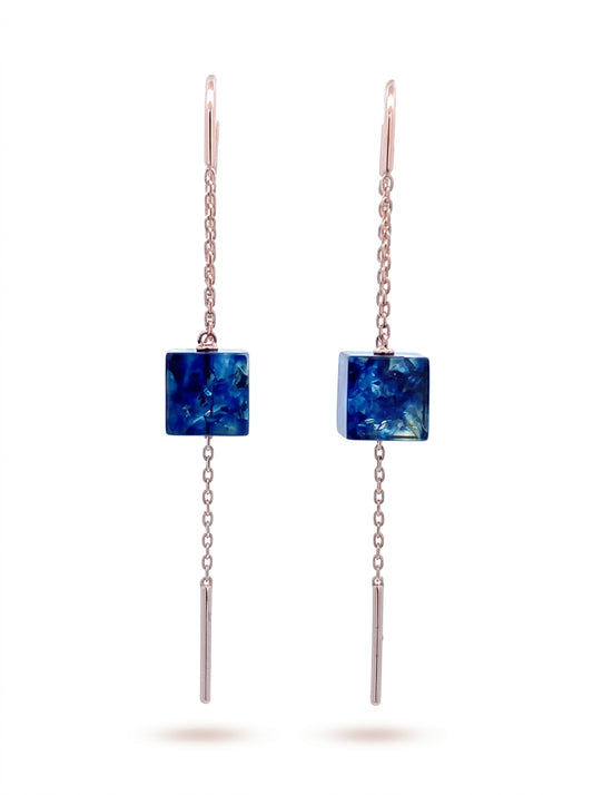 Cube Treated Blue Amber Silver Threader Earrings — DARVIN (Pre-Order)