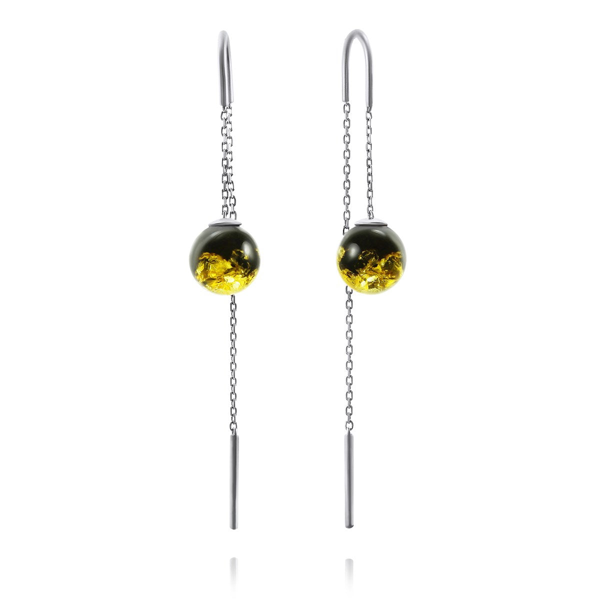 Ball Green-Black Amber Silver Threader Earrings — DARVIN (Pre-Order)
