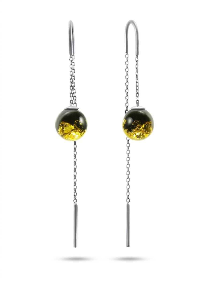 Ball Green-Black Amber Silver Threader Earrings — DARVIN (Pre-Order)