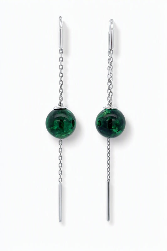 Ball Treated Green Amber Silver Threader Earrings — DARVIN (Pre-Order)
