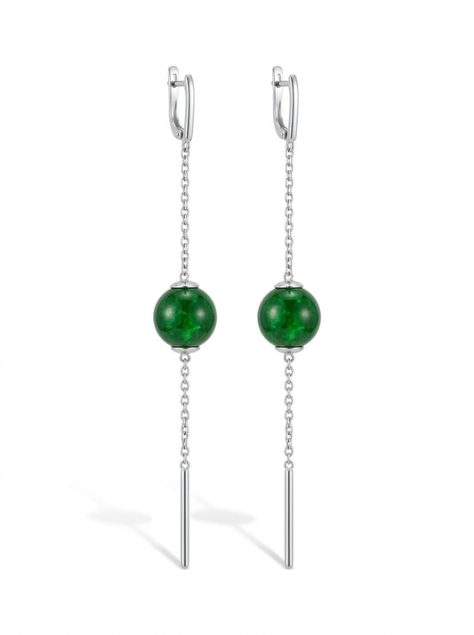 Ball Treated Green Amber Silver Threader Earrings — DARVIN (Pre-Order)