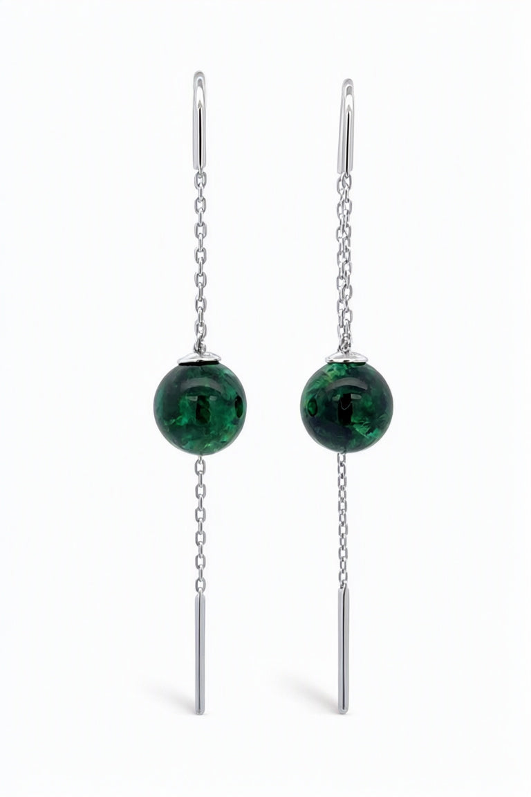 Ball Treated Green Amber Silver Threader Earrings — DARVIN (Pre-Order)