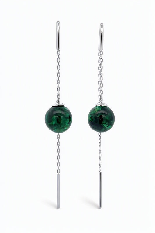 Ball Treated Green Amber Silver Threader Earrings — DARVIN (Pre-Order)