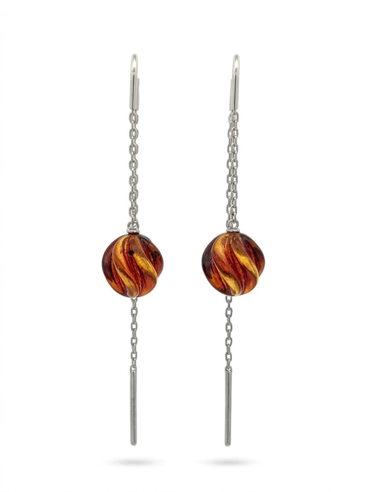 Ball Cognac Amber Silver Threader Earrings — DARVIN (Pre-Order)