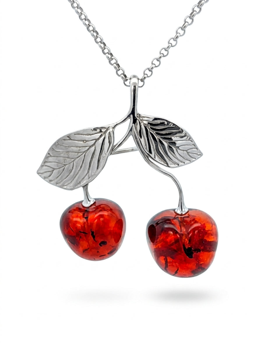 Cherry Cognac Amber Silver Brooch Pendant — DARVIN (Pre-Order)