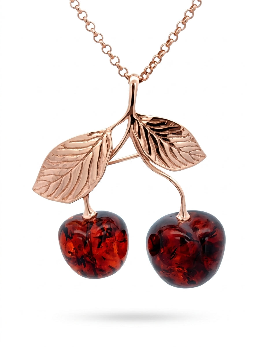 Cherry Cognac Amber Silver Brooch Pendant — DARVIN (Pre-Order)