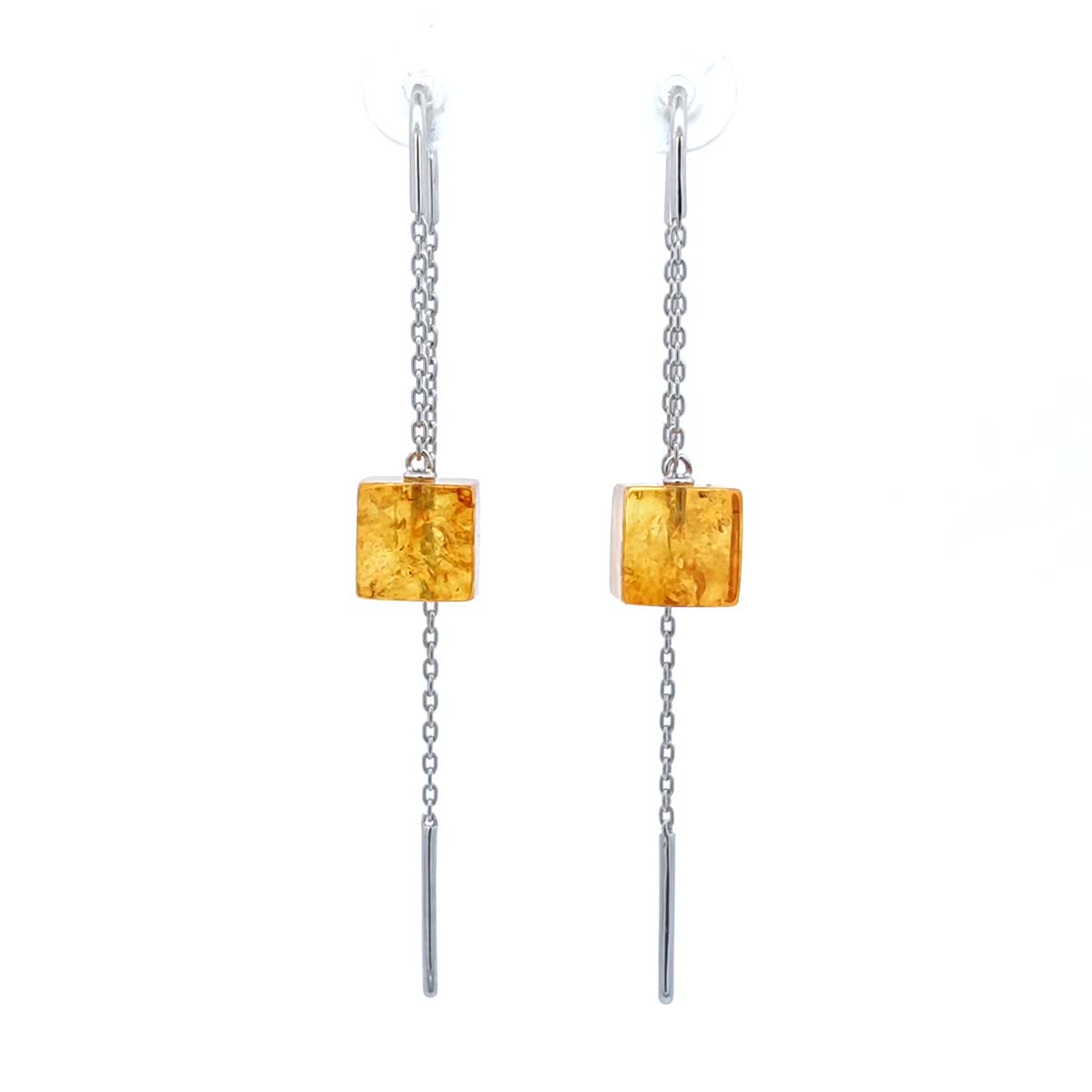 Cube Lemon Amber Silver Threader Earrings — DARVIN