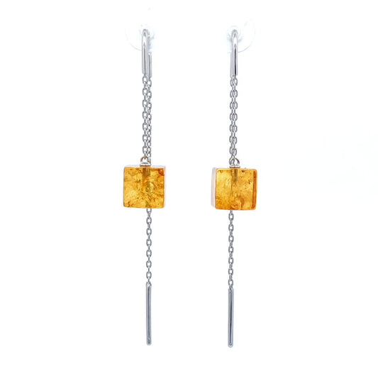 Cube Lemon Amber Silver Threader Earrings — DARVIN