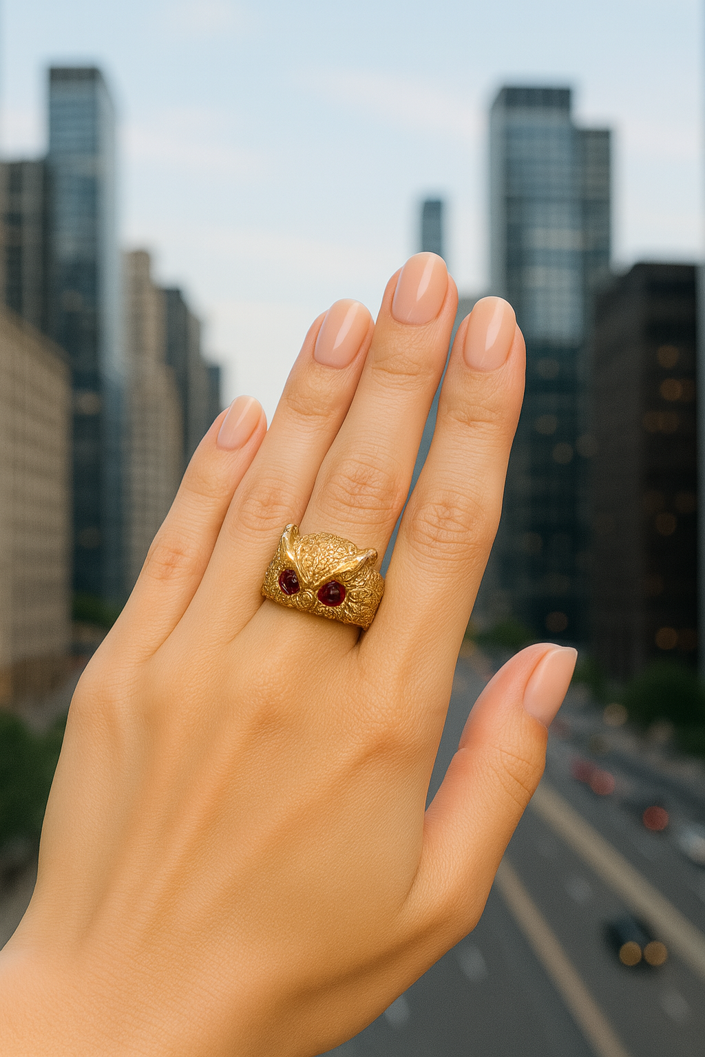 "Owl with Amber Eyes" – Sterling Silver Ring with Gold Plating