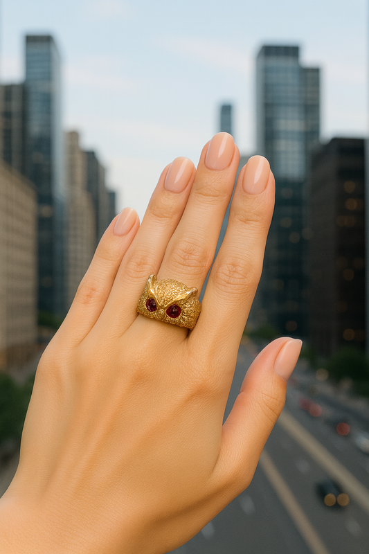 "Owl with Amber Eyes" – Sterling Silver Ring with Gold Plating