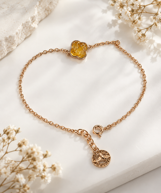 Four-Leaf Clover – Natural Baltic Amber Gold-Plated Silver Bracelet