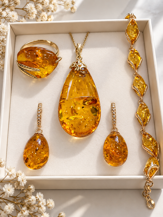 Amber Drop Collection – Gold-Plated Sterling Silver & Natural Baltic Amber Jewelry Set