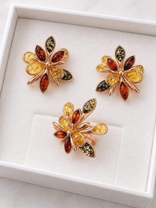 Fountain Collection – Natural Baltic Amber Gold-Plated Silver Earrings & Ring Set
