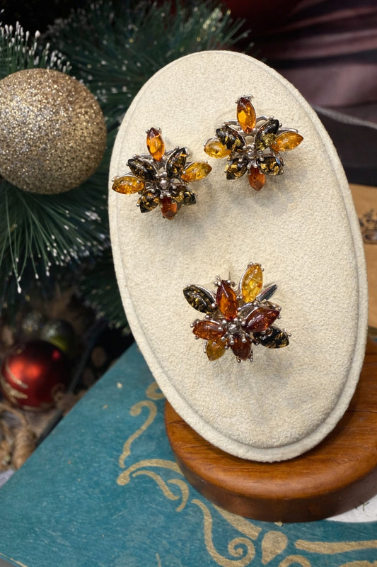 Amber Flower Set 925 Sterling Silver Natural Baltic Amber Jewelry