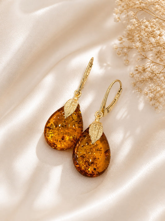 Golden Leaf — Baltic Amber Drop Earrings