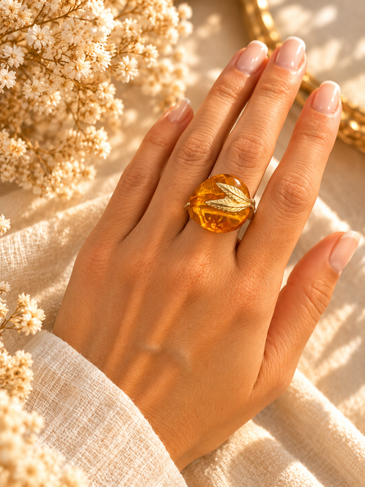 Baltic Amber Leaf Ring